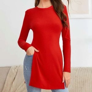 SHEIN Ribbed Knit Split Hem Long Sleeve Tee